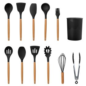 11Pcs Silicone Cooking Utensil Set Heat Resist Wooden Handle Silicone Spatula Turner Ladle Spaghetti Server Tongs (Color: Black)